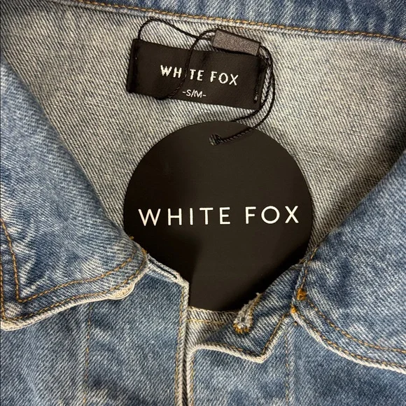 White Fox Adriana Oversized Denim Jacket Admiral Blue with Patches Size S/M - Picture 7 of 9